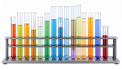 Obraz premium Laboratory test tubes filled with colorful liquids arranged in a row on metal rack for scientific experiments and chemical analysis research
