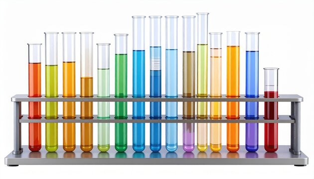 Laboratory test tubes filled with colorful liquids arranged in a row on metal rack for scientific experiments and chemical analysis research