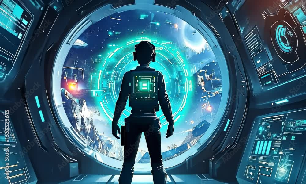 Poster futuristic spaceship interior. person stands in front of a large window