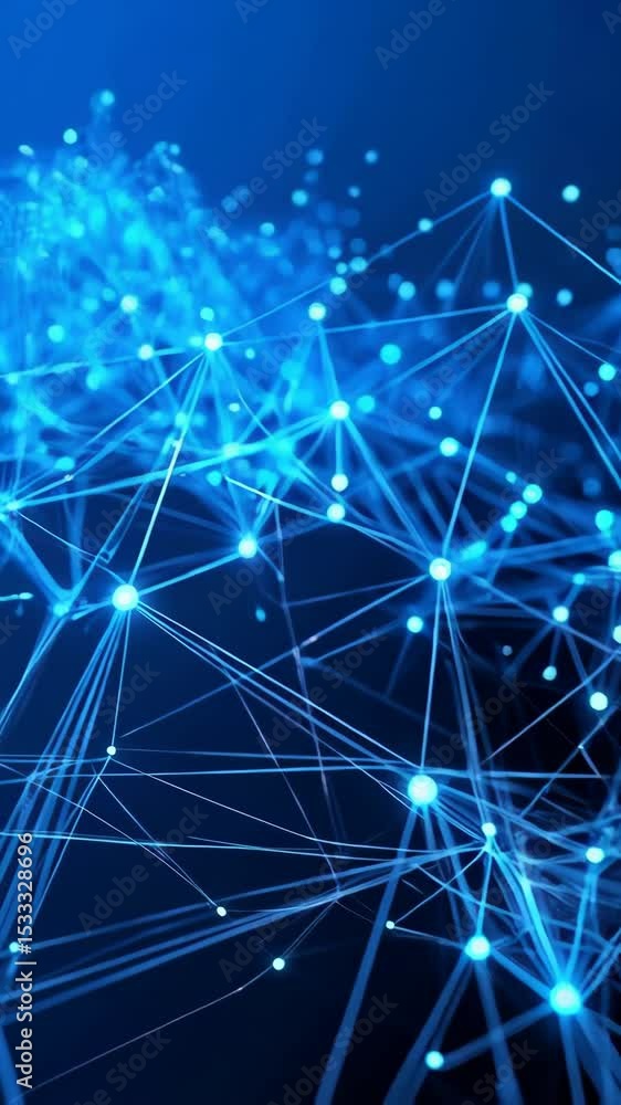 Poster abstract glowing blue network on dark backdrop with connected dots and lines conveying the concept o