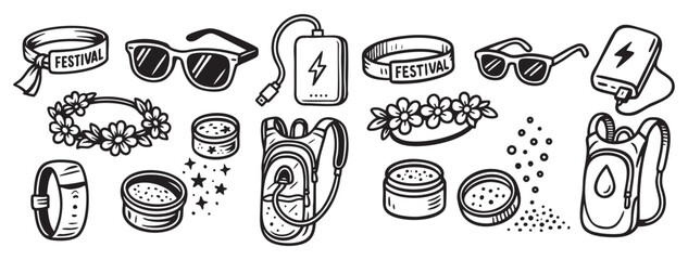 Festival Essentials Pack Wristband, sunglasses, portable charger, flower crown, glitter, hydration pack