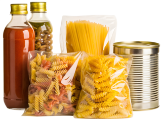 Foodstuff for donation, storage and delivery on white background with clipping path. Various food, pasta, cooking oil and canned food.