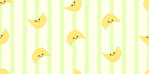 Kid's seamless pattern. Smiling Banana. Exotic fruit fashion print. Design elements for baby textile or clothes. Hand drawn doodle repeating delicacies. Tropical wallpaper