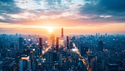Fototapeta premium Urban skyline at sunrise over a modern metropolis.