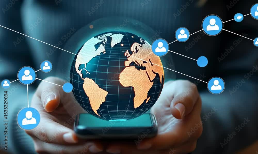 Poster Global connectivity through technology.  Hands holding a phone, projecting a 3D globe connected by network lines and user icons