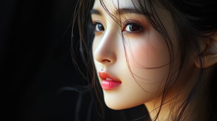 Studio portrait of a young beautiful model looking Asian woman on black background with copy space