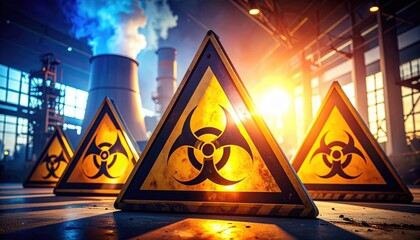 Industrial nuclear radioactive hazard warnings warning signs at power plant with factory background and sunlight creating atmospheric effect and reflection on the ground