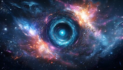 A swirling, vibrant nebula with a central, luminous structure.