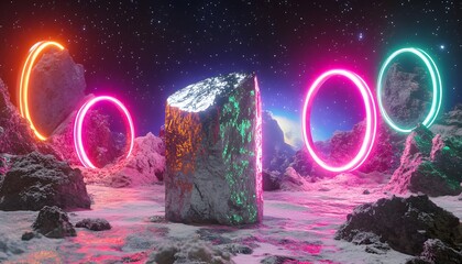Neon rings surround large rocks in a snowy landscape.