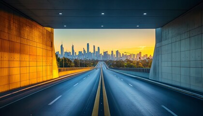 Urban highway tunnel at dawn, city skyline visible.