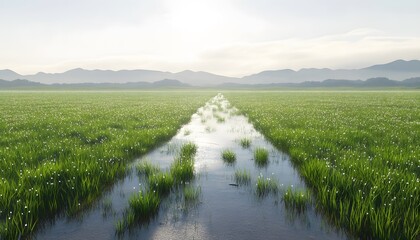 A tranquil waterway meanders through a lush field of grass.