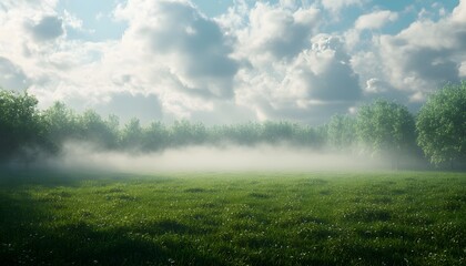 Foggy meadow scene with trees on the horizon.