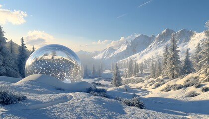 A crystal sphere stands amidst a snow-covered mountain landscape.