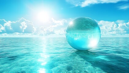 A glassy sphere rests on a tranquil ocean surface.