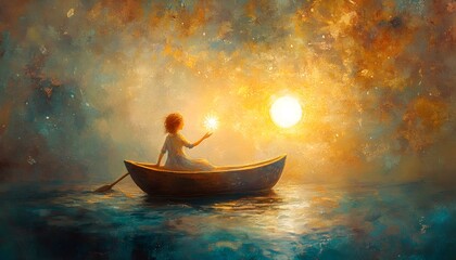 A young girl in a rowboat, holding a star, under a vibrant sunset sky.