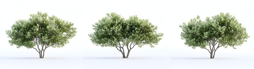 Four unique tree species rendered in a hyper-realistic 3D environment, set cleanly against a pure white background