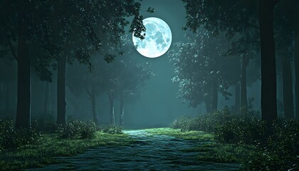 Moonlight path through a misty forest.