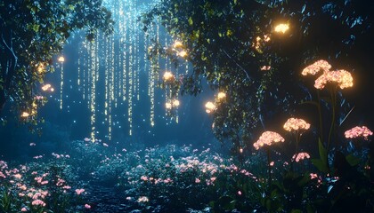 A magical, glowing forest glade filled with luminous flowers.