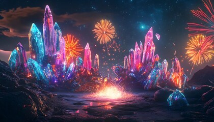 Colorful crystal formations illuminated by fireworks at night.