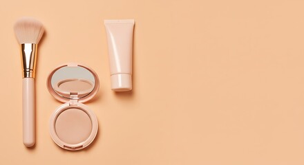 Flatlay of Makeup Brush, Compact Powder, and Skincare Tube on Peach Pastel Background – Feminine Beauty Essentials with Natural Lighting, No Branding