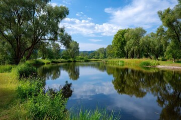 Obraz premium view with a calm pond, green trees and sky with white clouds