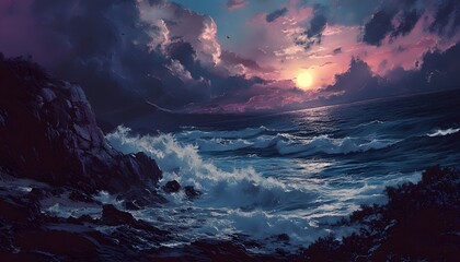 Dramatic sunset over a stormy ocean coastline.