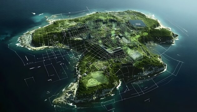 Detailed aerial view of an island with overlaid grid system. - Powered by Adobe
