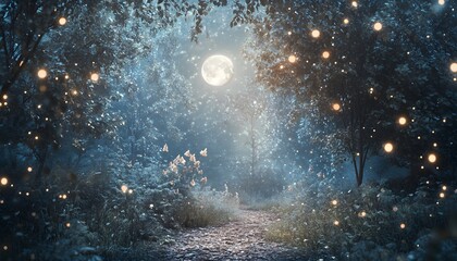 Moonlight path through a mystical forest at night.