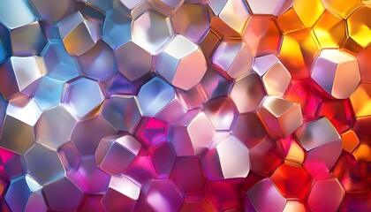 Multicolored,faceted geometric shapes create a vibrant abstract design.