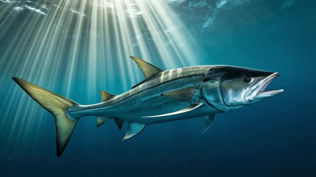 A large wahoo fish swimming in the ocean under beams of sunlight shining through the water surface video