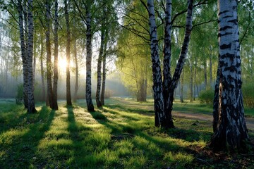 Fototapeta premium Sunrise or sunset in a spring forest with sunlight shining through tree trunks in shade and young green grass