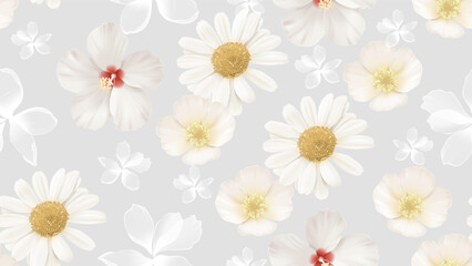 Floral seamless pattern features various white flowers, including daisies, California poppy and hibiscus scatter randomly on a soft gray background
