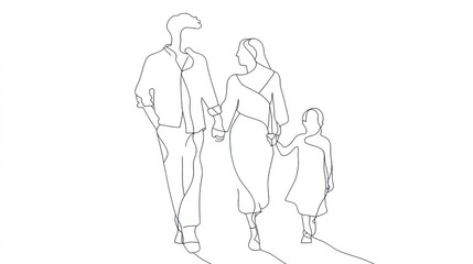 Obraz premium Minimalist one-line drawing of a family of three joyfully walking hand in hand against a serene white backdrop