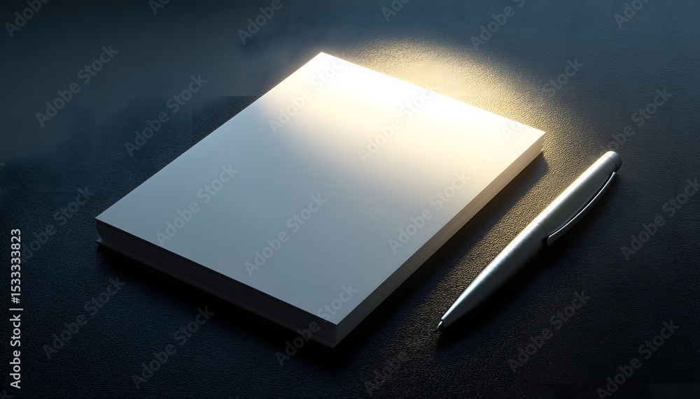 Poster blank notepad and pen illuminated by a light source.