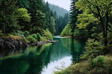 Obraz premium A serene scene depicting a river flowing gently through a lush forest of trees.
