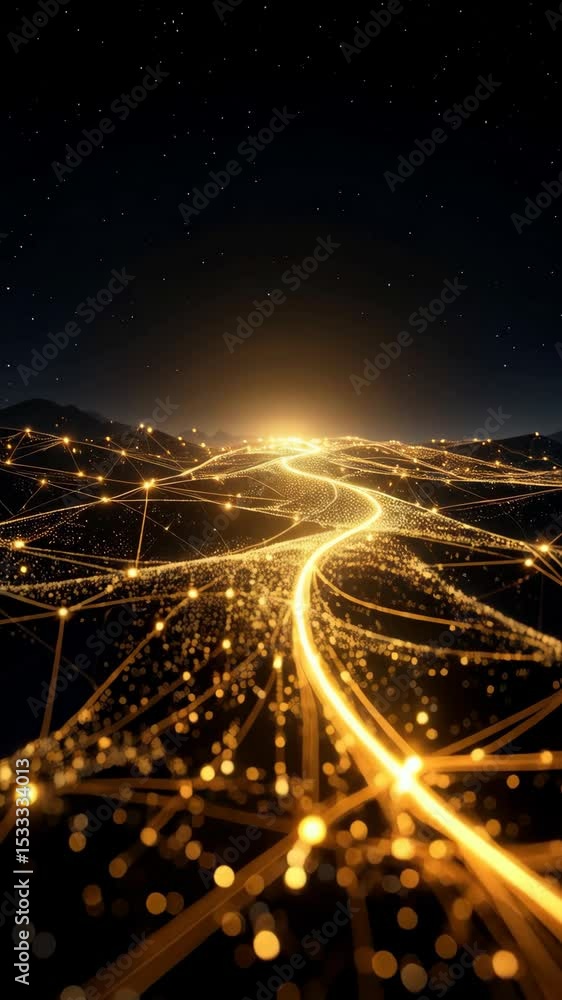 Aufkleber futuristic network landscape with illuminated nodes and lines connecting across hilly terrain under 