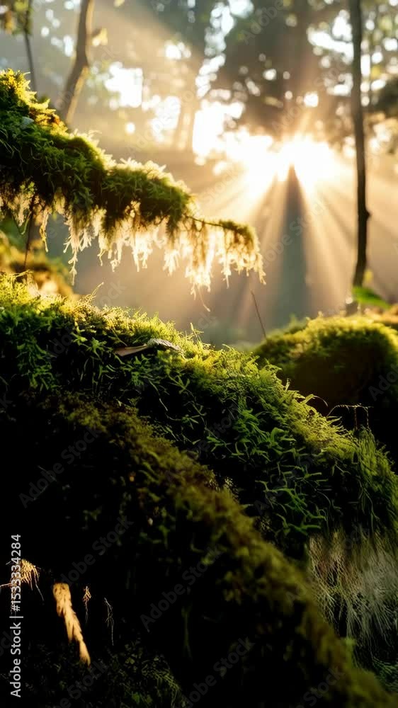 Poster sunlight streams through a misty forest illuminating moss covered branches and ground, creating a se