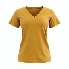Plain mustard V-neck t-shirt 3D mockup showcasing front view for women's casual wear presentation on white background.