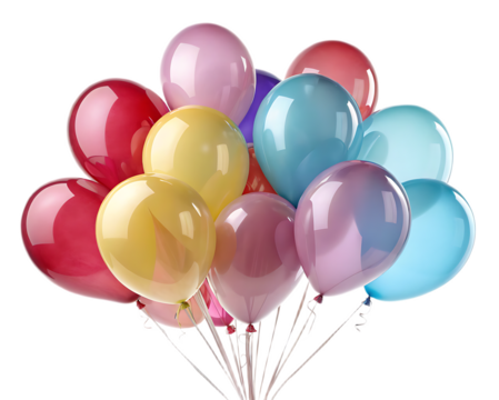 A cheerful bunch of colorful balloons tied together with white sticks on a transparent background