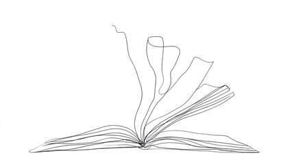 Artistic outline of an open book with flowing pages in a minimalist style showcasing creativity and imagination