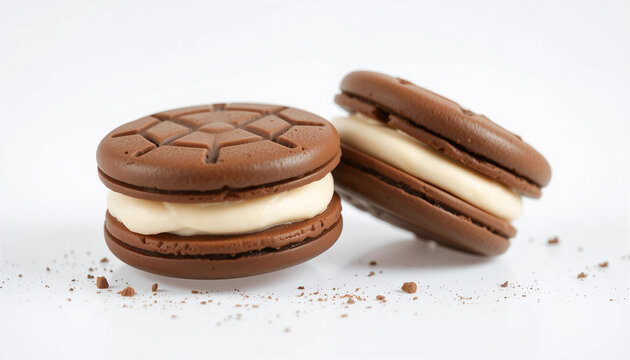 Two chocolate sandwich cookies with cream filling, isolated on transparent background with crumbs.