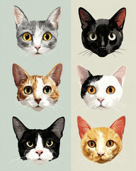 A collection of six cat faces with different colors and patterns shown close up