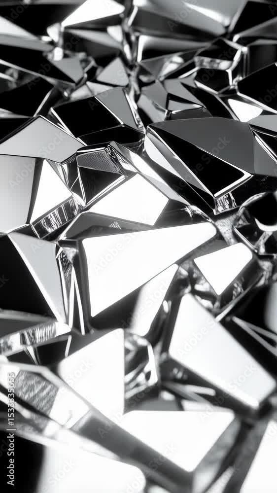 Poster abstract silver chrome metal polygons arranged in a geometric pattern, with sharp edges and glossy r