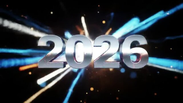 Futuristic blue and white light streaks form the numbers for a dynamic happy new year 2026 intro video. Perfect for high-energy party intros or tech company greetings