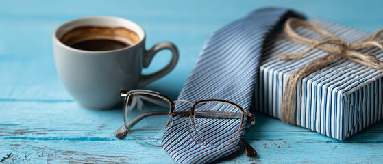 Still life of coffee cup, eyeglasses, striped tie and gift on blue surface