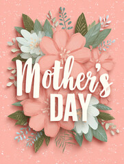 Mother's day greeting card with floral arrangement on a pink background
