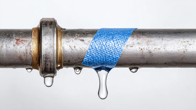 Leaking metal pipe sealed with blue duct tape dripping water drops closeup on gray background showing temporary repair and water damage risk