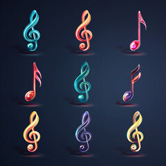 A collection of colorful musical notes and treble clefs on a dark background