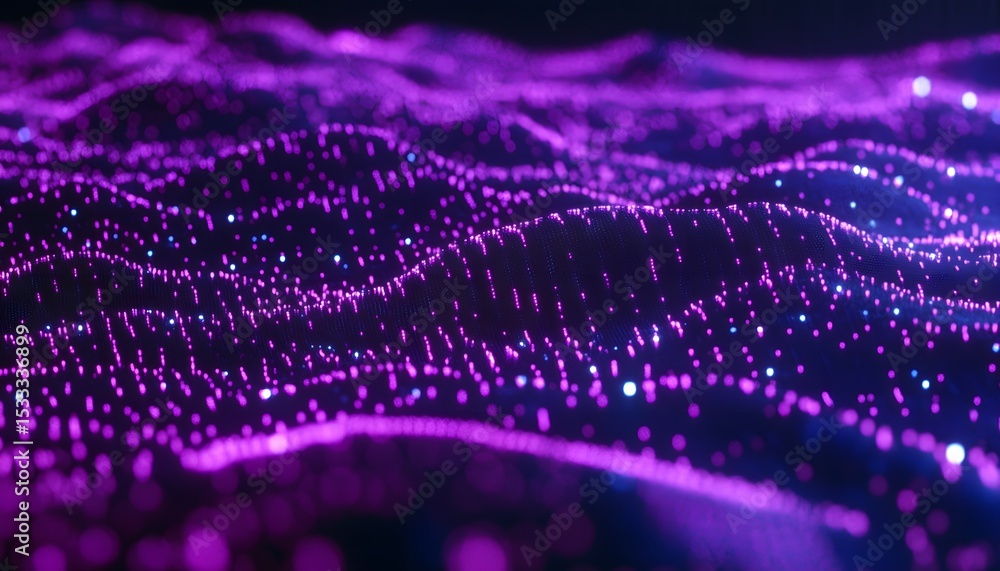 Poster abstract design of shimmering purple and blue dots creating a wave pattern.