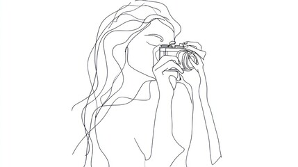 Woman capturing memories with a vintage camera in a minimalist one-line drawing style, evoking timeless creativity and passion for photography